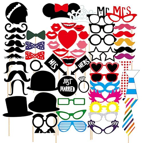 SacJkt Atrezzo Boda   58pcs Selfie Accesorios con Palos y Pegatinas, Cabina de Fotos Accesorios, DIY Photo Booth Props Kit