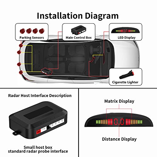 Image of Wireless Parking Sensor, Reverse Radar System with 4 Car Backup Sensors, Wireless LED Distance Display with Sound Warning + 4 Flit Red Color Car Parking Sensor for Auto Vans RV Trailer