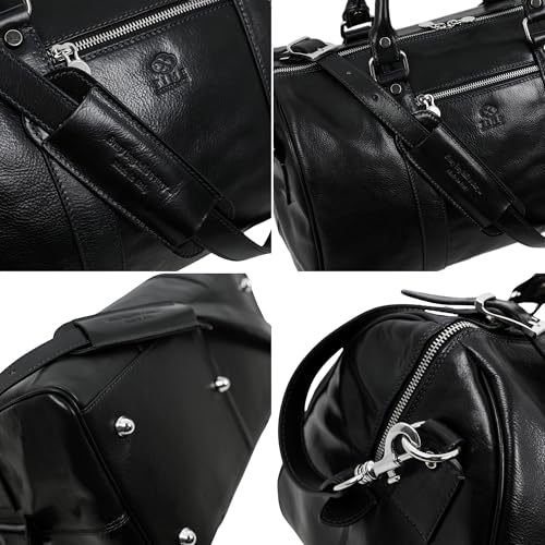 Image of Time Resistance Full Grain Leather Small Duffel Bag - Gym Weekender Overnight Bag (Black)