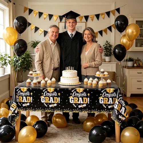 Image of OQOQ Graduation Decorations 2026 Tablecloth (Black,2 Packs), 54x108 Inches 2026 Graduation Congats Party Decorations Plastic Black Table Cloth Disposable Table Cover