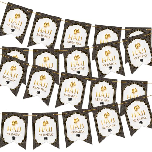 Hajj Mubarak Foil Balloons for Hajj Mubarak Party Decorations 16 Inch Golden Foil Letter Balloons with Ribbon Hanging Balloons Banner for Islamic Party Supplies Muslim Eid Festival Decor