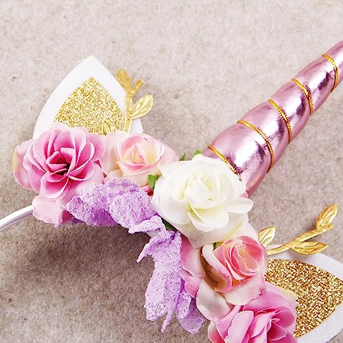 Nishine Einhorn Horn Floral Stirnband Glitter Ohren Pony Kopfbänder Tiara für Mädchen Party Geburtstag Cosplay(Rosa&Elfenbein)