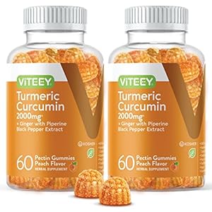 Turmeric Curcumin Gummies with Ginger & Black Pepper Herbal Supplement, 2000mg, Immune Support, Healthy Skin, and Joint Health, Vegan, Pectin Based, for Adults and Teens – Chewable Peach Flavor(2Pack)