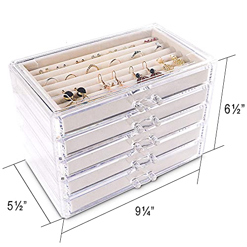 Frebeauty Extra Large Acrylic Jewelry Box For Women 5 Layers Clear Jewelry Organizer Velvet Earring Box With 5 Drawers Rings Display Case Necklaces Holder Tray For Women Girls (Beige) #TOP4