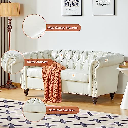 Image of ORRD Loveseat Sofa, Chesterfield Modern Faux Leather Sofa Tufted Couch 2 Seater with Rolled Arms and Nailhead for Living Room, Bedroom, Office, Apartment (White)