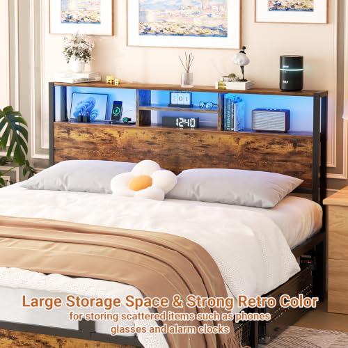Image of Aheaplus Headboard for Queen Size Bed with Storage, Headboards with Outlets | Queen Size Head Board Only, USB Ports and LED Light, Height Adjustable, Reversible, Sturdy and Stable Headboard, Rustic Brown