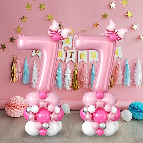 Image of 40 Inch Pink Number 7 Balloon Tower 7th Birthday Decorations for Girls | Large Pastel Baby Hot Pink White Number Seven Foil Balloons Stack Set 7 Years Old Princess Seventh Birthday Party Decorations