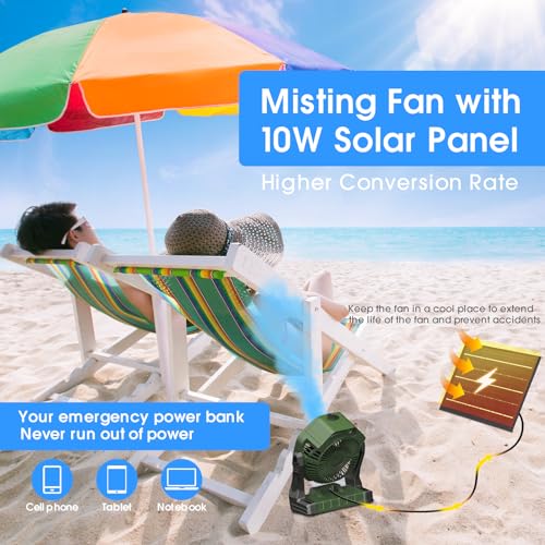Ausic 10W Solar Fan with Mister, Misting Camping Fan with Solar Panel, Portable Outdoor Fans, 8 Inch Battery Operated Rechargeable Cooling Fans with Water Spray for Travel/Beach/Chicken Coop
