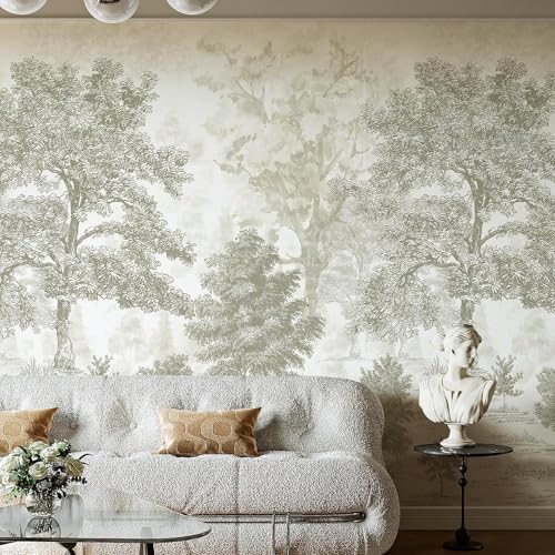 HueBurst Vintage Forest Wall Mural 87' W X 110' H Peel and Stick Beige Green Tree Wall Mural Nature Landscape Wall Paper Self-Adhesive Large Wall Paintings Art Decor for Bedroom Living Room