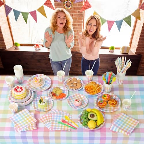 Image of Funnymoom 452 Pcs Pastel Easter Party Decoration for 50, Spring Easter Paper Plates Napkins Cups Tablecloth Cutlery Straws Rainbow Pastel Gingham Plaid Tableware for Spring Birthday Party Supplies