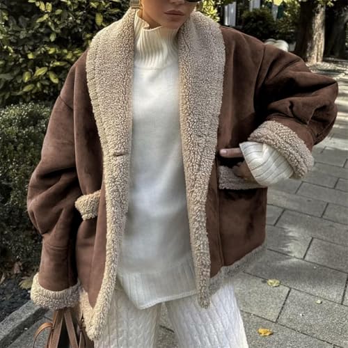Winter Casual Faux Suede Leather Jacket,Womens Fashion Lapel Button Fleece Lined Thicked Aviator Cropped Overcoat with Pocket2