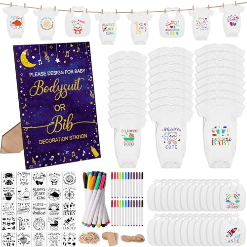 201 Pcs Baby Shower Set Baby Shower Game Sign Baby Bib Bodysuit White Baby Bib Newborn Bodysuit Baby Shower White Decorating Kit(Twinkle Twinkle Star)