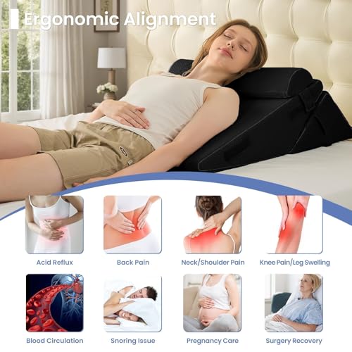 Image of Sasttie Wedge Pillow Set for After Surgery, 2PCS Adjustable Bed Wedge Pillow Headboard with Memory Foam Neck Cushion - for Acid Reflux, Sleeping, Neck & Back Support, Black