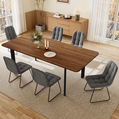 Juego de Mesa de Comedor con 4-8 sillas, Mesa de Comedor Extensible, Paneles de MDF Mesa de Comedor Moderna y Elegante para el salón 160-200 cm (Mesa de Nogal y 6 sillas Grises-B)