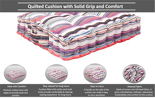 Image of Reversible 60x60x10 cm Woven Quilted Floor Cushion Multi Stripe with Cotton Filler for Seating, Patio Seat, Meditation, Yoga, Pooja, Guests, Living Room, Bedroom, Large Size