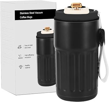 14oz Portable Reusable Stainless Steel Coffee Cup,Simple Modern Travel Coffee Mug with Lid,Strap&Flip Lid,Great for Home&Office,Holds Ice Drinks&Hot Beverages - Gift Option for All -Black