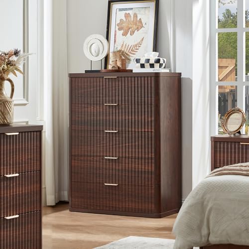 Image of LEYAOYAO Fluted 5 Drawers Dresser Set of 2, 41 inch Tall Modern Chest of Drawers with Metal Handle, Curved Profile Dresser TV Stand, Wooden Drawer Organizer for Bedroom, Living Room, Hallway, Walnut
