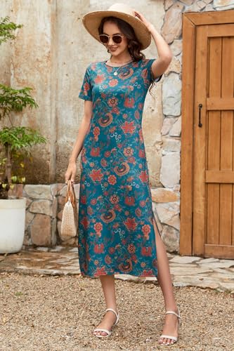 Image of Naggoo Summer Dresses for Women Short Sleeve Side Slit Long T Shirt Dress Beach Sundress Travel Vacation Outfits with Pockets
