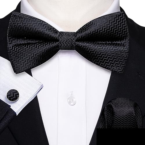 Image of Barry.Wang Paisley Striped Bow Tie for Men Silk Pre-Tied Bowtie Pocket Square Cufflinks Set Formal Wedding Party Prom