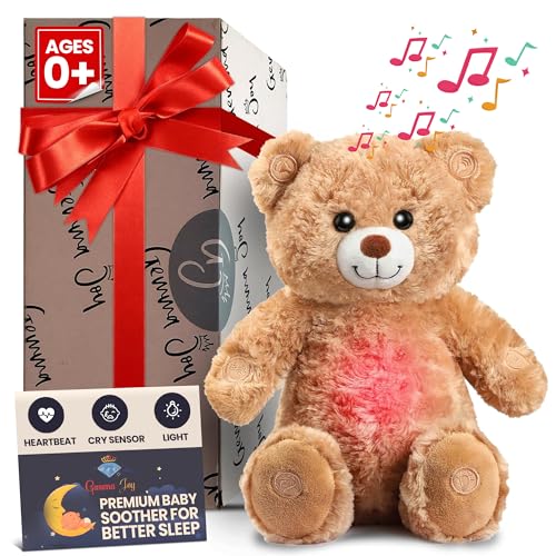 Image of Gemma Joy Bedtime Baby Soothers for Sleep, Cry Activated Heartbeat Stuffed Animal for Baby, Newborn, Calming Light, Lullaby Music, White Noise, Shush and Mother’s Heartbeat - (Bear, Non-Rechargeable)