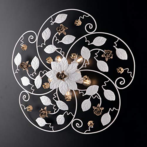 Plafonnier en fer forgé shabby chic et roses dorées d'art