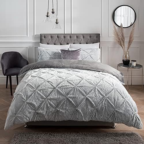Sleepdown Ruched Diamond Faux Fur Fleece Thermal Warm Cosy Super Soft Duvet Cover Quilt Bedding Set with Pillow Cases - Super King (220cm x 260cm) - Grey