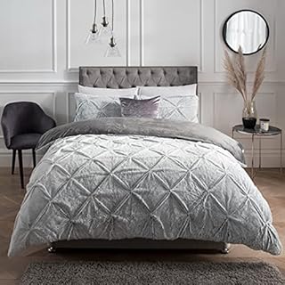 Sleepdown Ruched Diamond Faux Fur Fleece Thermal Warm Cosy Super Soft Duvet Cover Quilt Bedding Set with Pillow Cases - Super King (220cm x 260cm) - Grey
