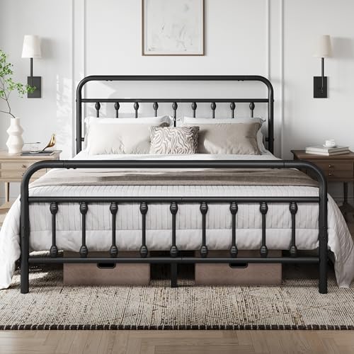 Yaheetech 5ft King Bed Frame Vintage Iron Platform Bed with High Headboard and Footboard Strong Metal-Framed Bed with Storage Black