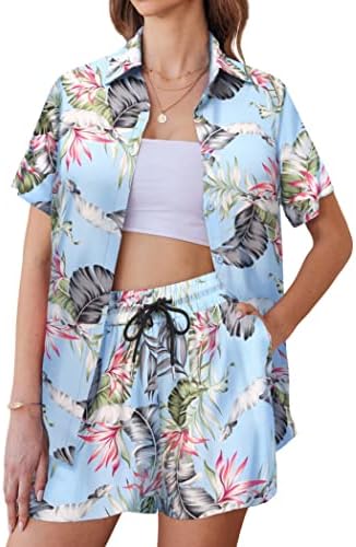 COOFANDY Women's Short Sleeve Cute Print Button Down Shirt Summer Blouse and Shorts Set