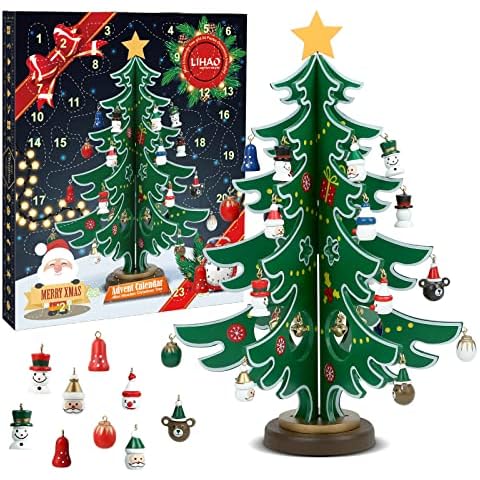 LIHAO Calendario de Adviento de Navidad Mini Árbol de Madera + Adornos Cover