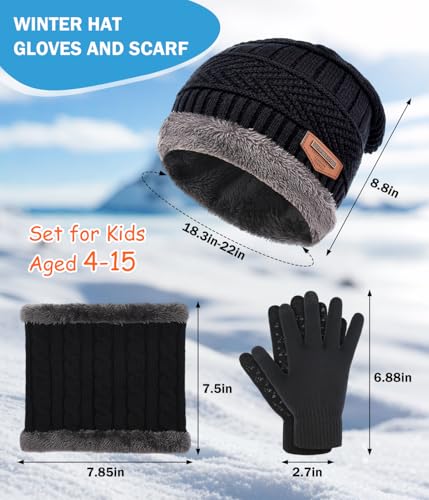ZEXIAN Kids Winter Hat, Scarf & Touchscreen Gloves Set - Warm Knitted Beanie with Fleece Lining, Neck Warmer for Boys Girls 4-15 Years(Black)