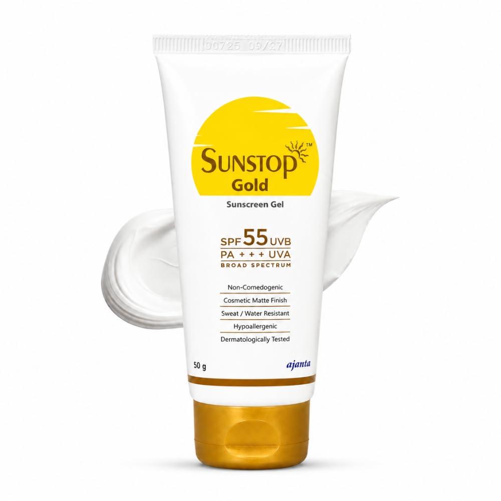 Sunstop Gold Sunscreen Gel SPF 55 PA+++ | Broad Spectrum | Waterproof | Matte-finish Sunscreen | Gel-Based | Dermatologically Tested | Non-comedogenic | Hypoallergenic | Safe for Sensitive Skin | 50g