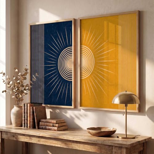 Image of YANVEER Modern Sunburst Abstract Wall Art Painting | Boho Minimalist Sun Art Home Decoration Painting With Frame For Living Room Bedroom Office Wall Decor Size (10X13 inch)
