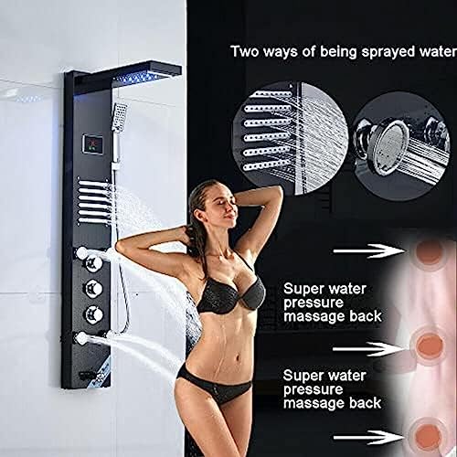 Sistema de Columna de Ducha con Panel LED, Resistente al Agua, con Chorros de Masaje y Acabado en Acero Inoxidable Cepillado en Negro miniatura 7