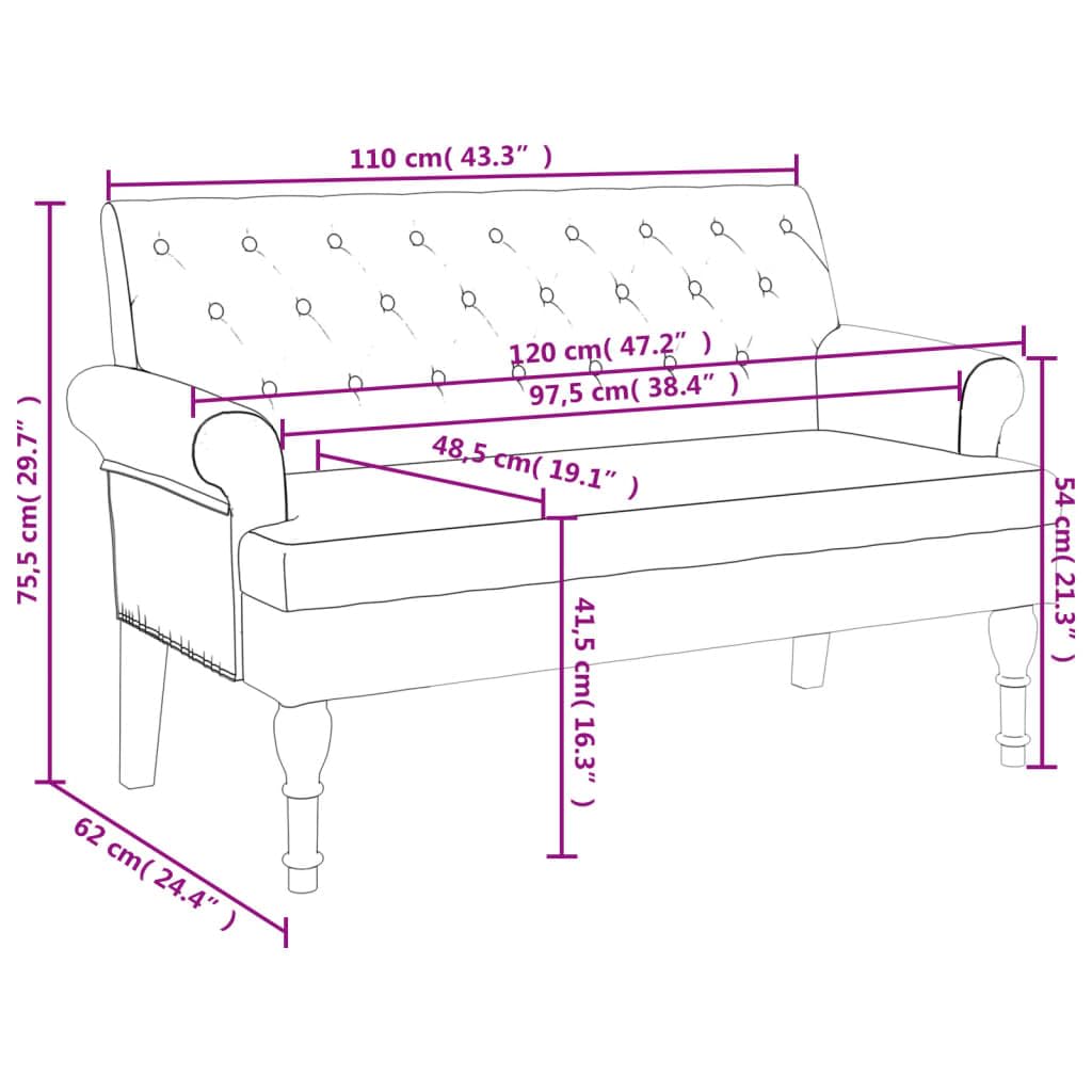Banco con respaldo, color rojo vino, 120 x 62 x 75 cm, tela, asiento acolchado grueso, costuras con botones, reposabrazos redondeados, patas de madera de caucho maciza, estable