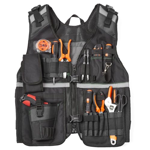 TURAND Electrician Tool Vest for Men Reflective Safety Work Vest with Adjustable Thick Straps Removable Phone Holder for Electrical Carpenters Construction 22 Pockets