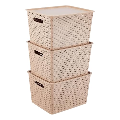 Image of Amazon Basics Set of 3 Plastic Storage Baskets with Lid - Stackable Organiser for Wardrobe, Kitchen, Clothes, Toys, Books, Office Multipurpose Shelf Basket (Large, 36x30x22 cm) | Biscuit, Rectangular