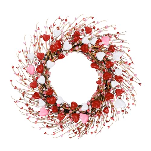 ANVAVO Valentine’s Day Wreath 18 Inches Red Pink and White Heart Berries Artificial Round Wreath for Wedding Party Anniversary Decor
