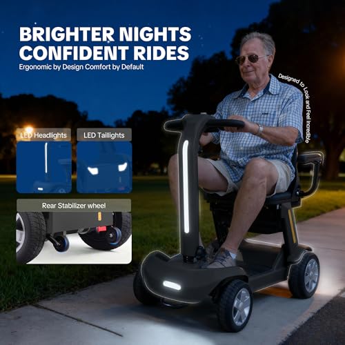 Image of Foldable Mobility Scooter for Adults & Senior, 4 Wheels Powered Device for Travel, Lightweight and Portable, with LED Strip Light, Storage Bag, Charger Included, No Assemble Required (Black)