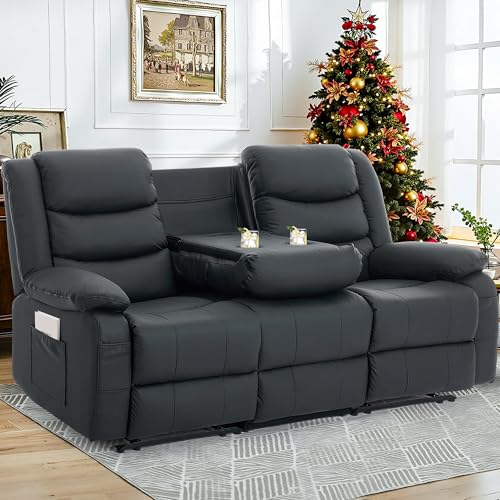 Korser Recliner Sofa, Reclining Loveseat with Console, Oversized Reclining Couch with Drop Down Table, 3-Seater Sofa with Cup Holder and Recessed Power Strip, Black - image 1