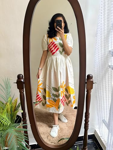 Image of Women's Pure Cotton Midi Dress - White with Orange & Red Leaf Print, Short Sleeves