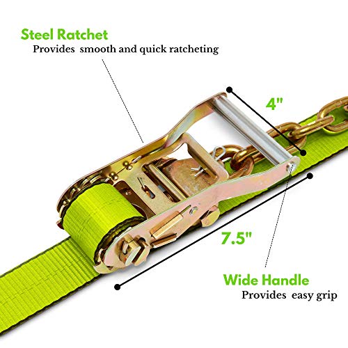 Rytash 96" Green Lasso Tie Down Straps, 4 Pack, Chain Anchor Ratchets, 3300 LB Working Load Limit, 10000 LB Break Strength - Wheel Straps for Hauling Cars, Tire Straps for a Car Trailer