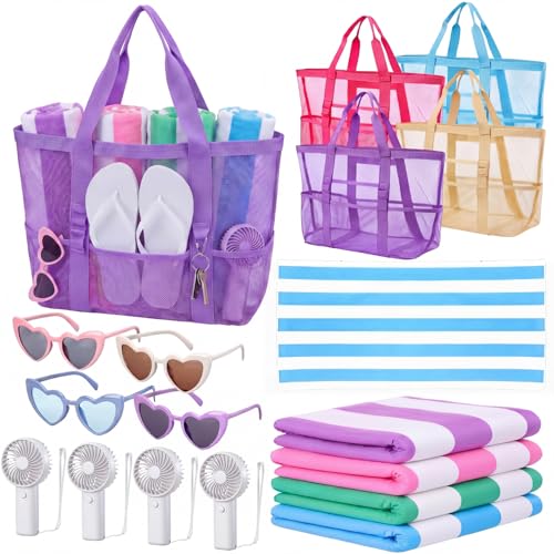 Threan 16 Pack Teacher Appreciation Gift Bulk Summer Beach Pool Party Favors Large Mesh Tote Beach Bags Pool Towels for Women(Multicolor)
