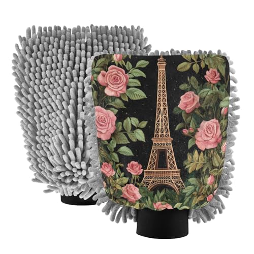 STAYTOP Romantic Rose Eiffel Tower Car Wash Mitt Microfiber, 2Pcs Scratch Free Lint-Free, Premium Chenille Microfiber Mitt Car Wash Brush-L