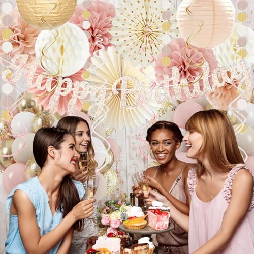 Image of Boho-Pink Birthday Decorations, Happy Banner, Women Paper Lanterns Honeycomb, One Sweet Peach Streamers Garland, Retro Blush Pink Beige Metallic Gold Balloon for Birthdays Party Decor