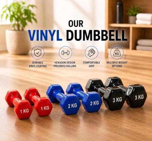Image of De Jure Fitness Dumbbell Set with Stand for Home Gym | 1kg 2kg 3kg 3 Pair Dumbbells Set | Vinyl Weight Set with Rack | Space Saving Compact Stand | Strength Training Workout Equipment