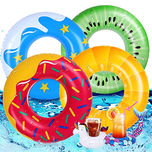 Tomkids Pool Floats Inflatable for Kids Swim Rings 6 Pcs Swim Tubes Donuts Fruits Pool Floaties with Drink Holders for Beach, Ocean, Pool Party Summer Toys Girls & Boys Lightweight and Thick