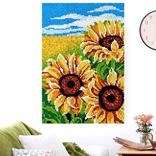 Image of PakyKai Latch Hook Kits for Adults DIY Color Printed Crochet Yarn Rug Kits Wall Tapestry Crafts Home Decor (Sunflower 23.6 inch X 15.8 inch)