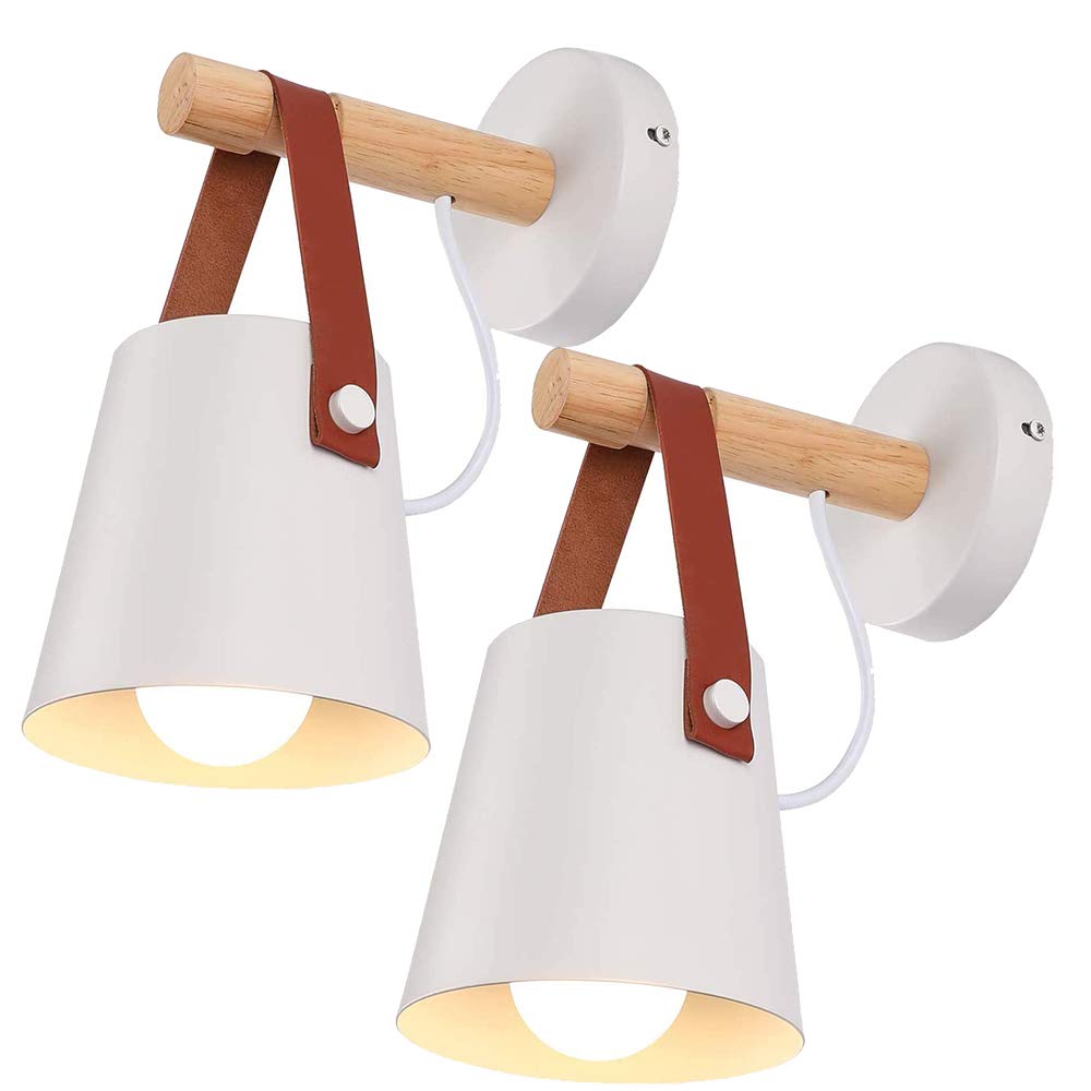 Chao Zan White 2 Pcs Wall Light Sconce Modern Wooden Leather Decorative Led Wall Lamps E27 Base Lighting Fixture For Living Room Bedroom Bedside Study Porch Aisle Corridor Children's Room Learning Wall Lamp