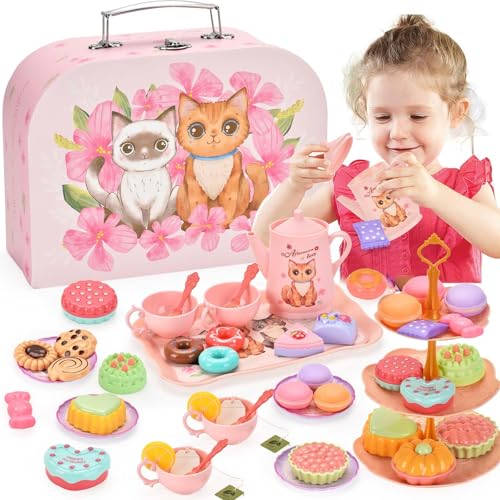 48Pcs Tea Party Set for Girls, Cat Cosplay Set, Tea Sets for Toddlers 3 to 5 with 3 Tier Dessert Stand and Carrying Case Toy Tea Sets for Kids 3+ Years - Kitchen Pretend Play Toy